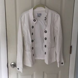white jean jacket with large faux button holes